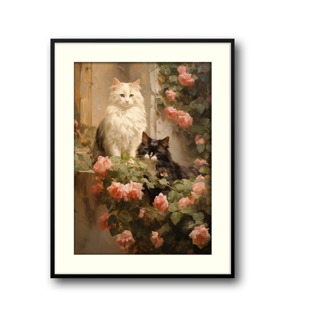 Unique cats-in-garden- Beautiful framed art print available at Raremango