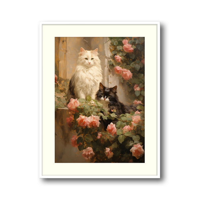 Unique cats-in-garden- Beautiful framed art print available at Raremango