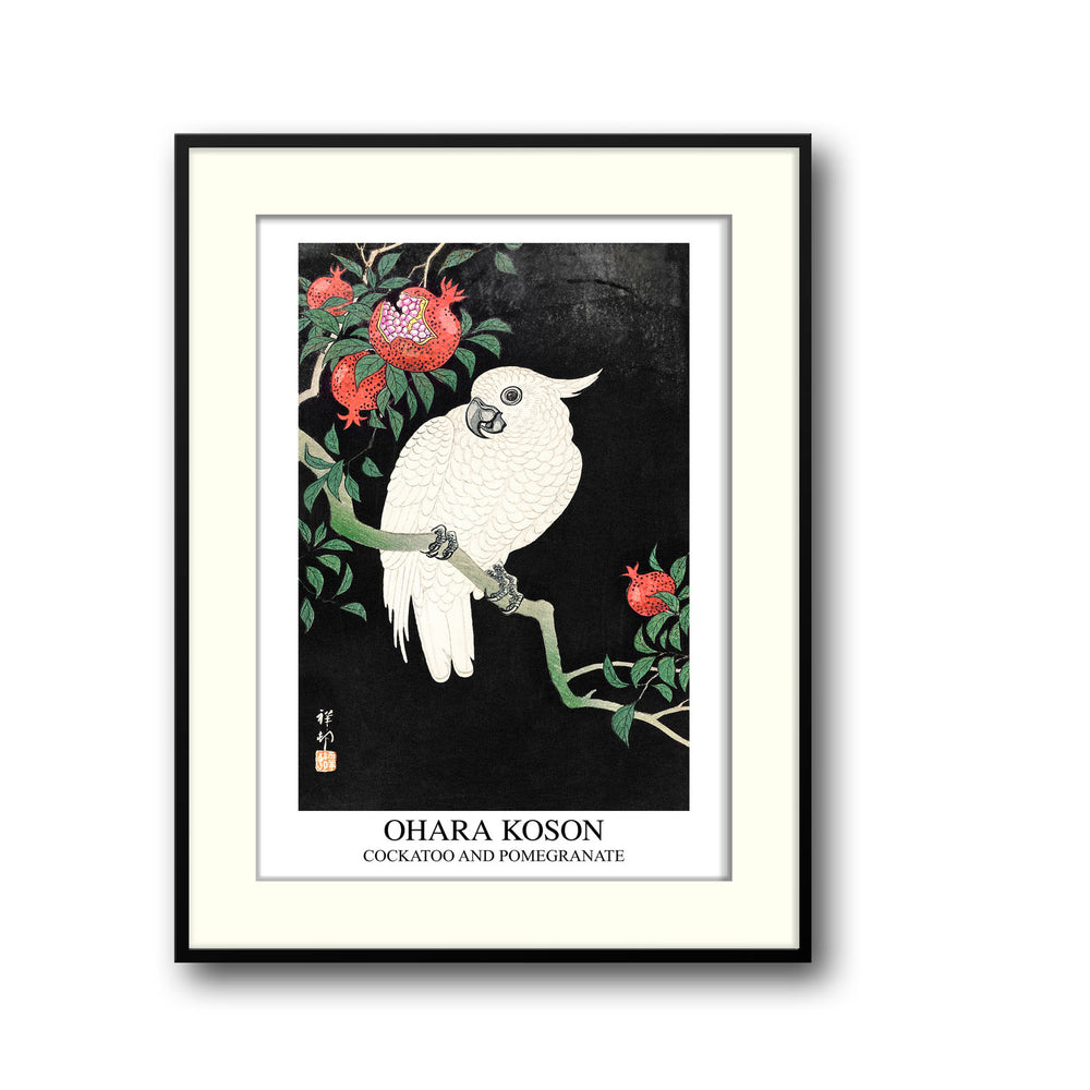 Unique cockatoo-and-pomegranate-ohara-koson- Beautiful framed art print available at Raremango