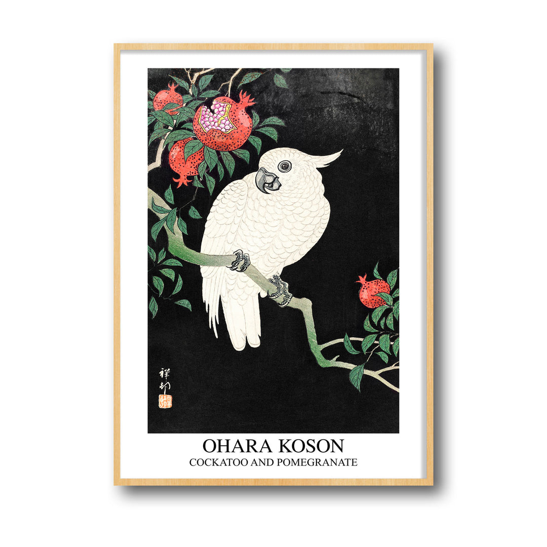 Unique cockatoo-and-pomegranate-ohara-koson- Beautiful framed art print available at Raremango