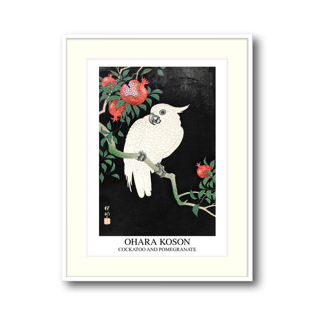 Unique cockatoo-and-pomegranate-ohara-koson- Beautiful framed art print available at Raremango