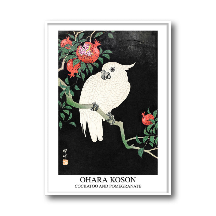 Unique cockatoo-and-pomegranate-ohara-koson- Beautiful framed art print available at Raremango