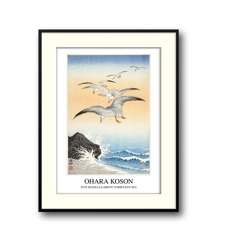 Unique five-seagulls-above-turbulent-sea-ohara-koson- Beautiful framed art print available at Raremango