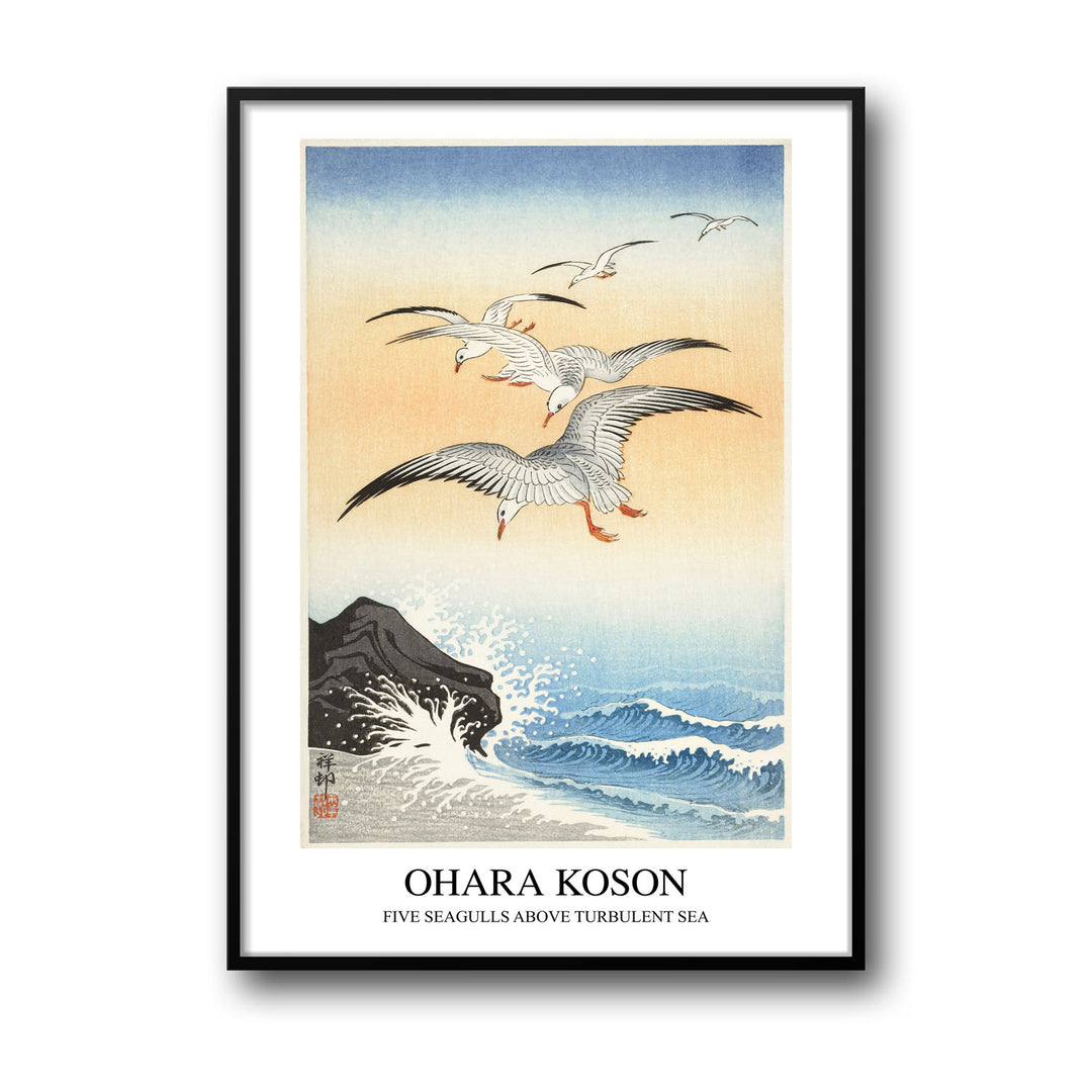 Unique five-seagulls-above-turbulent-sea-ohara-koson- Beautiful framed art print available at Raremango