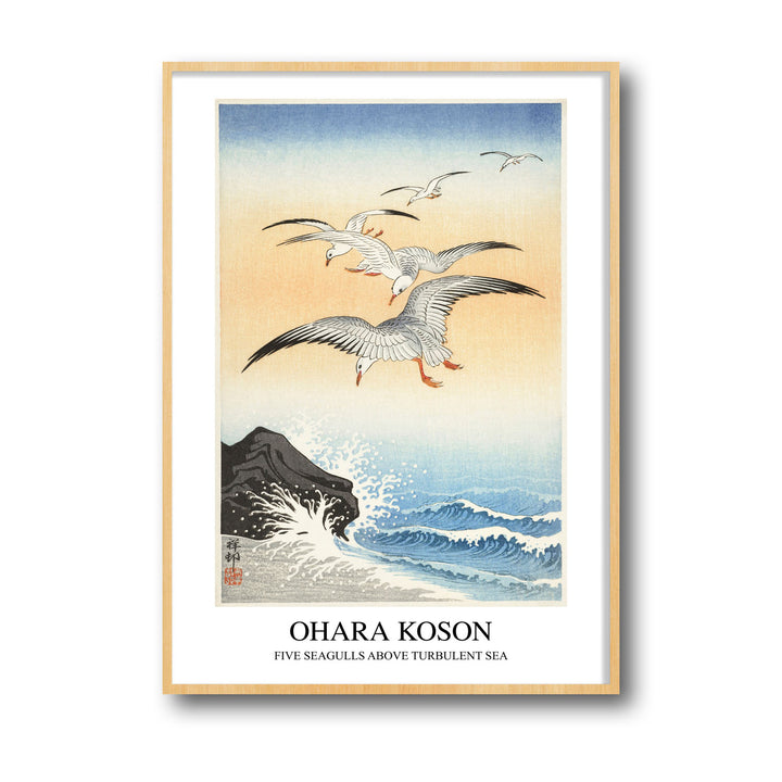 Unique five-seagulls-above-turbulent-sea-ohara-koson- Beautiful framed art print available at Raremango