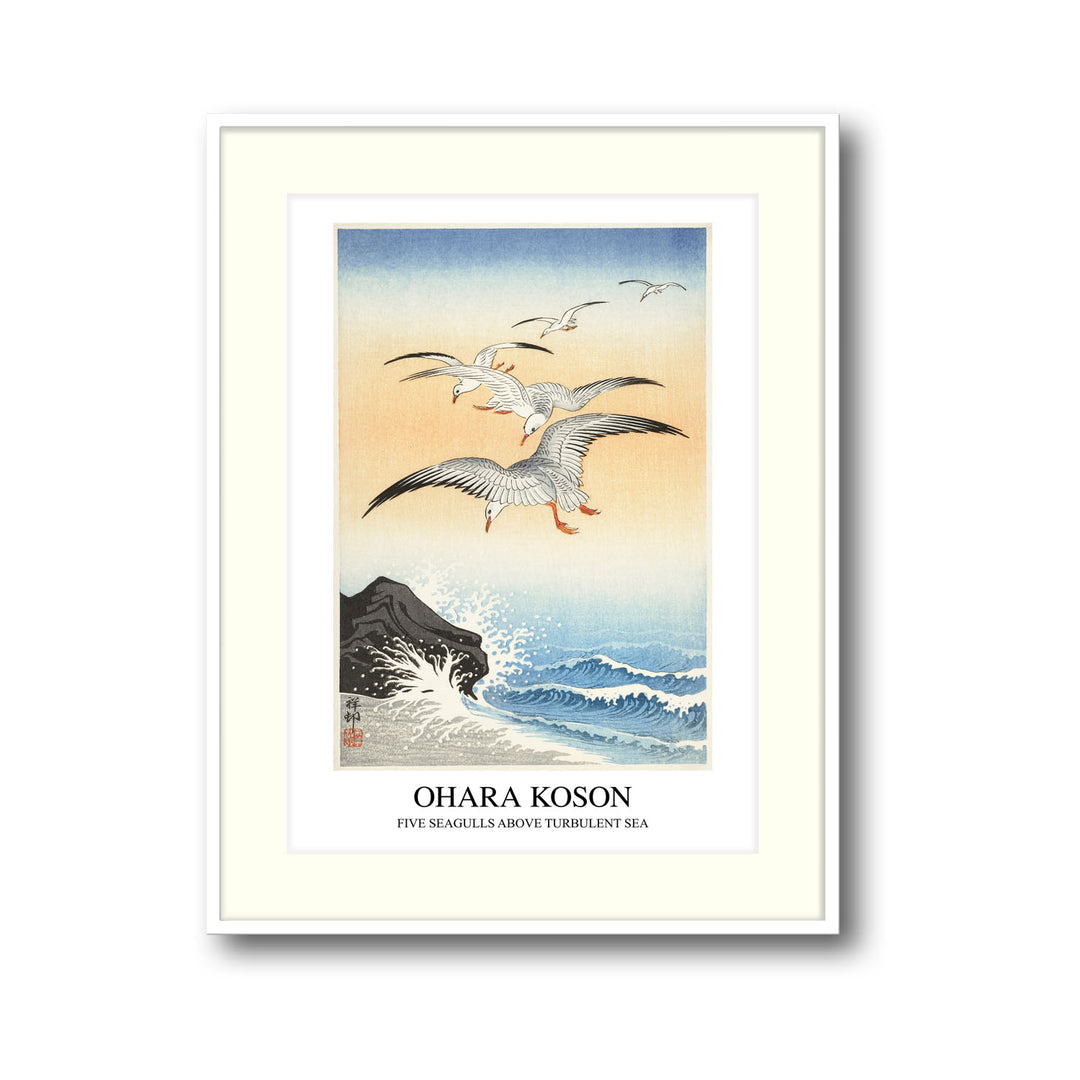 Unique five-seagulls-above-turbulent-sea-ohara-koson- Beautiful framed art print available at Raremango