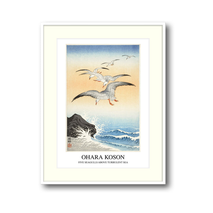 Unique five-seagulls-above-turbulent-sea-ohara-koson- Beautiful framed art print available at Raremango