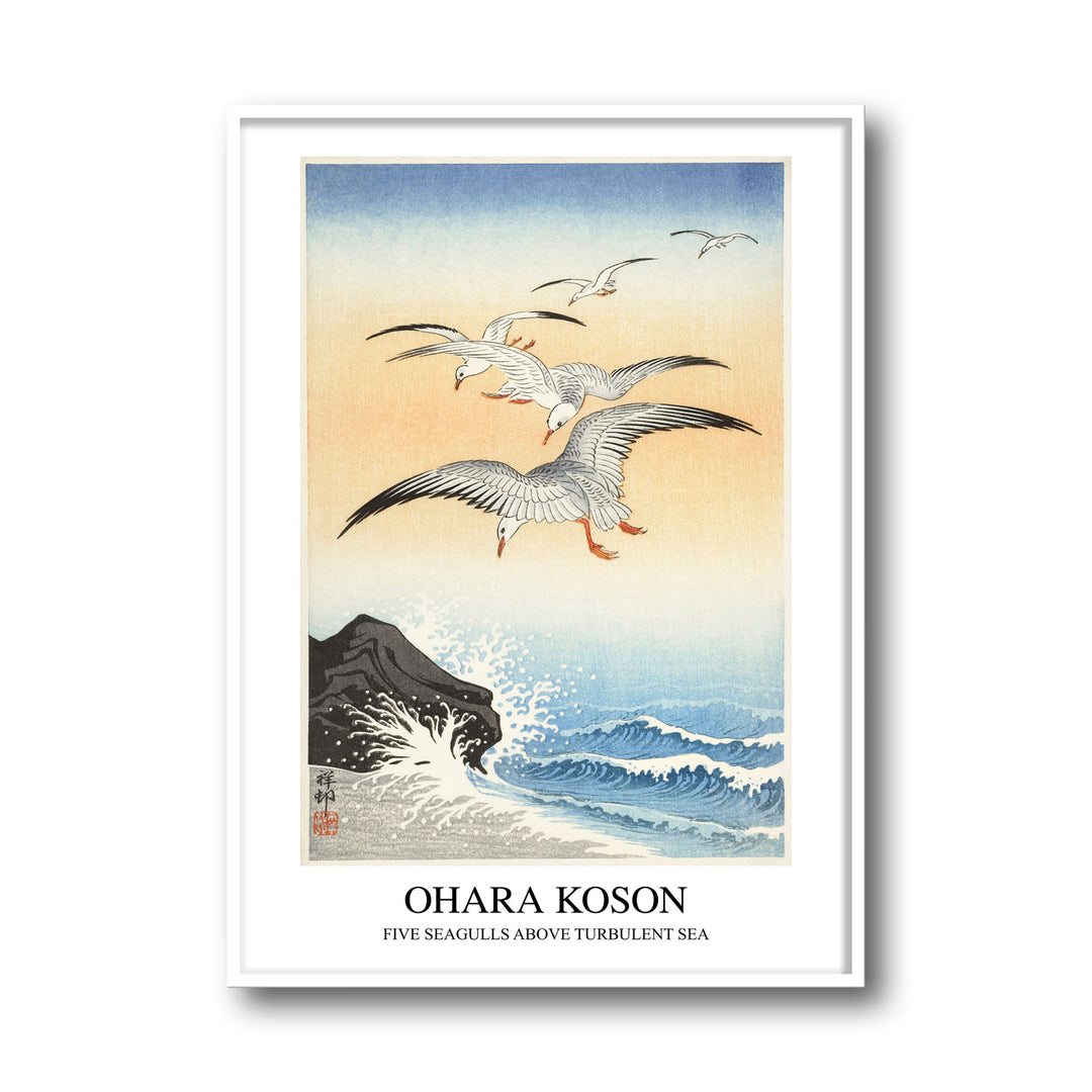 Unique five-seagulls-above-turbulent-sea-ohara-koson- Beautiful framed art print available at Raremango