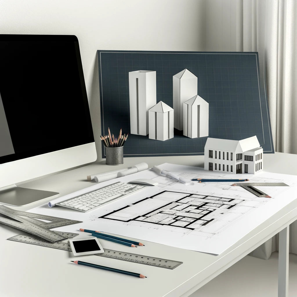 a landscape of architects and interior designer' table with project's drawing and 3d